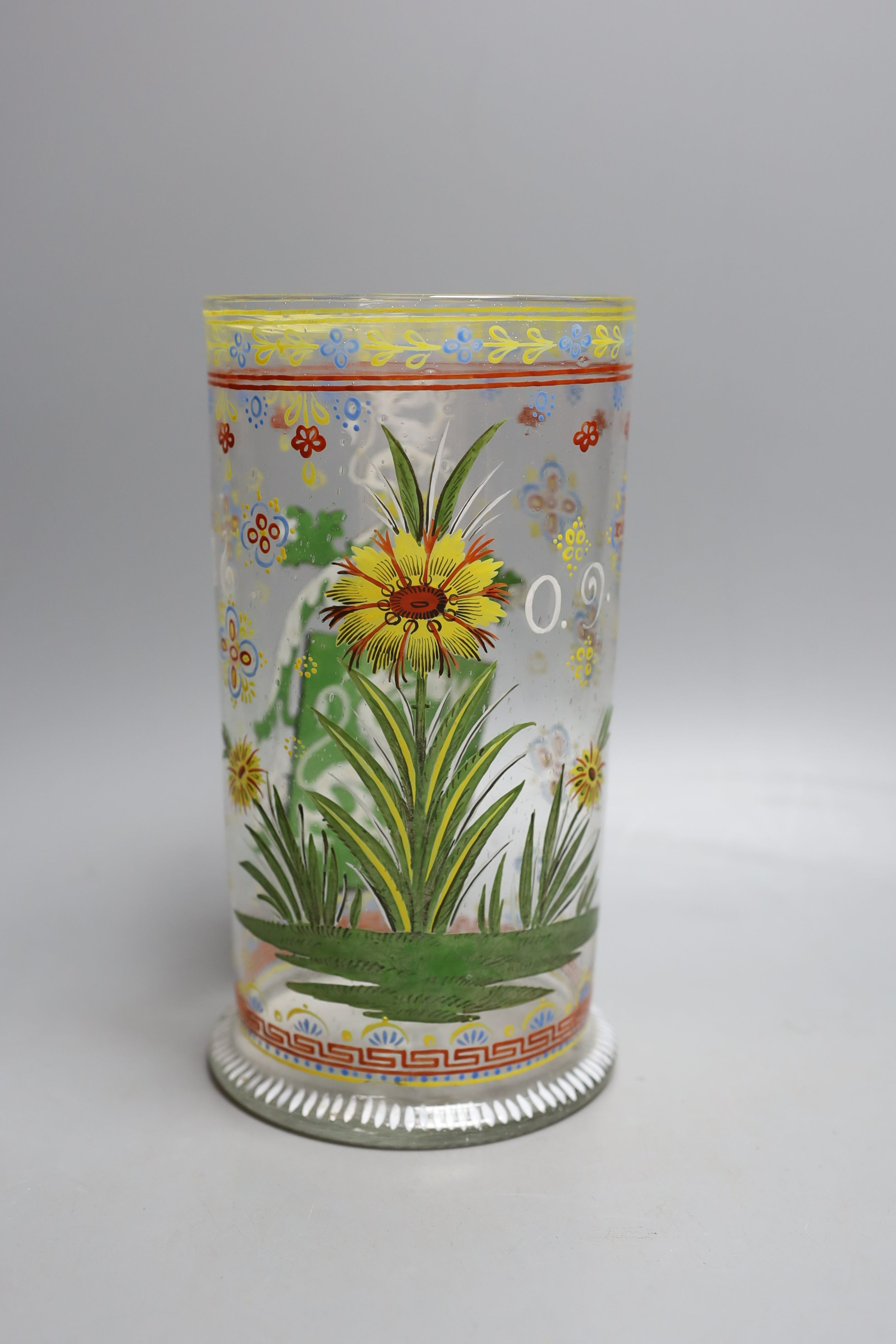 A late 19th century German Historismus glass vessel (humpen) with enamel decoration - 23.5cm tall